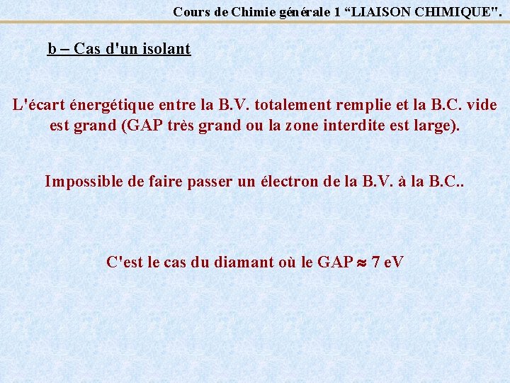 Cours de Chimie générale 1 “LIAISON CHIMIQUE". b – Cas d'un isolant L'écart énergétique