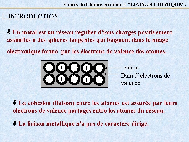 Cours de Chimie générale 1 “LIAISON CHIMIQUE". I- INTRODUCTION Un métal est un réseau