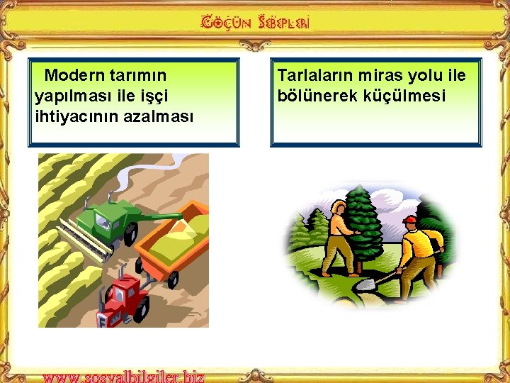 Modern tarımın yapılması ile işçi ihtiyacının azalması Tarlaların miras yolu ile bölünerek küçülmesi 