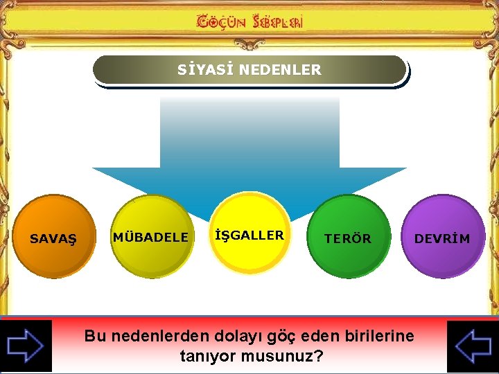 SİYASİ NEDENLER SAVAŞ MÜBADELE İŞGALLER TERÖR DEVRİM Bu nedenlerden dolayı göç eden birilerine tanıyor