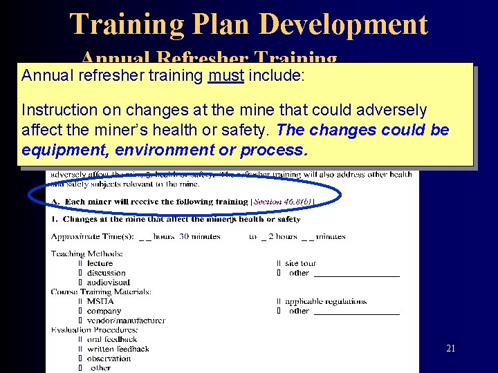 Training Plan Development Annual Refresher Training Annual refresher training must include: Instruction on changes