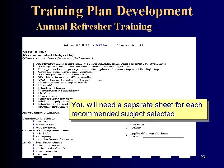 Training Plan Development Annual Refresher Training You will need a separate sheet for each