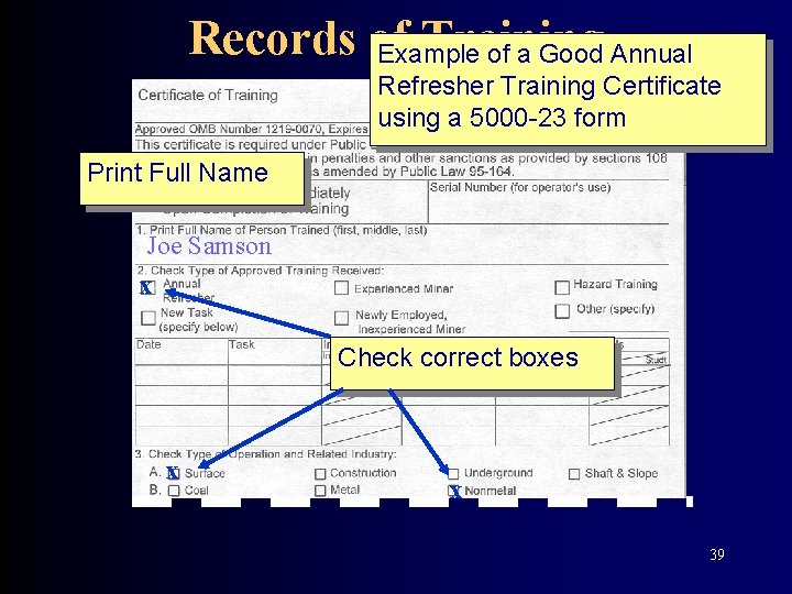 Records of Training Example of a Good Annual Refresher Training Certificate using a 5000