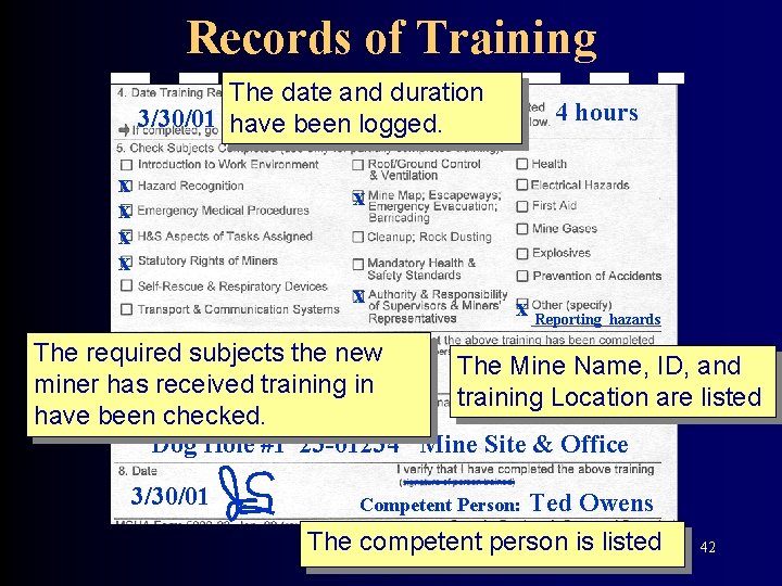 Records of Training The date and duration 3/30/01 have been logged. x x 4