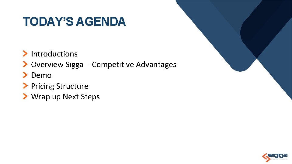 TODAY’S AGENDA Introductions Overview Sigga - Competitive Advantages Demo Pricing Structure Wrap up Next