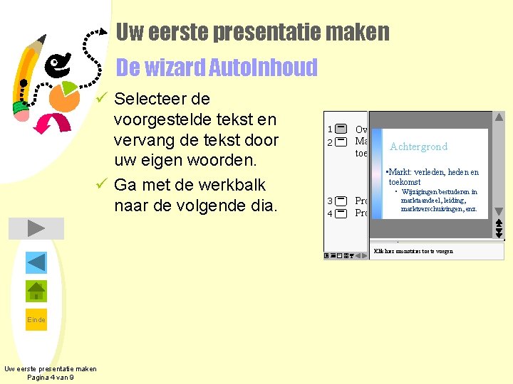 Uw eerste presentatie maken De wizard Auto. Inhoud ü Selecteer de voorgestelde tekst en