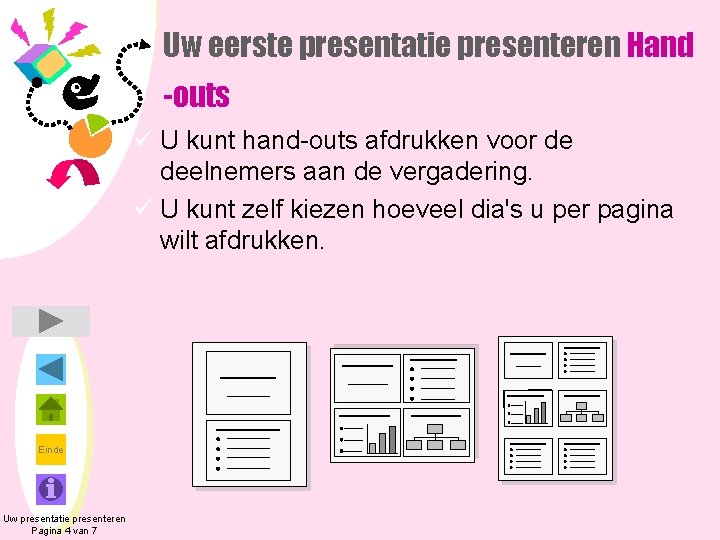 Uw eerste presentatie presenteren Hand -outs ü U kunt hand-outs afdrukken voor de deelnemers