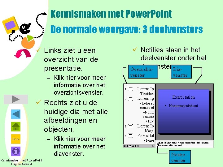 Kennismaken met Power. Point De normale weergave: 3 deelvensters ü Notities staan in het