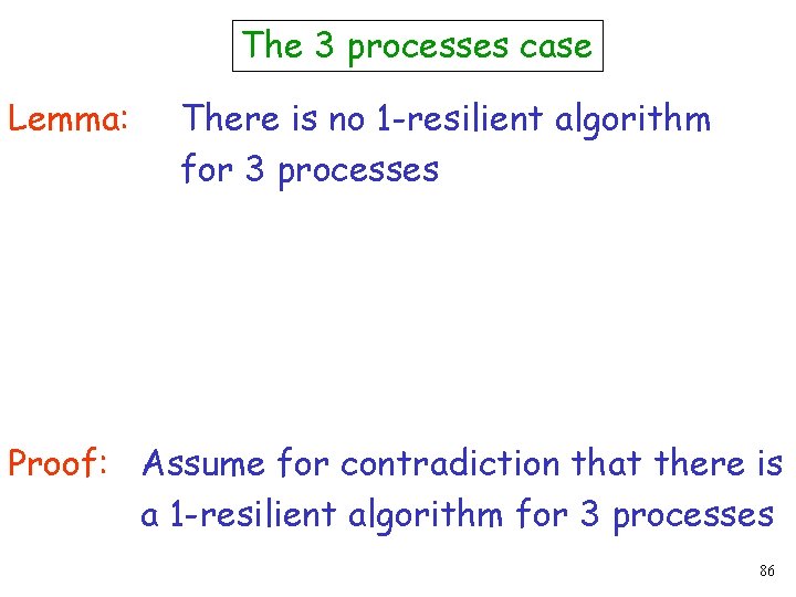 The 3 processes case Lemma: There is no 1 -resilient algorithm for 3 processes