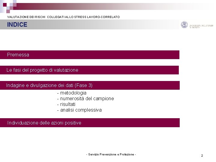  VALUTAZIONE DEI RISCHI COLLEGATI ALLO STRESS LAVORO-CORRELATO INDICE Premessa Le fasi del progetto