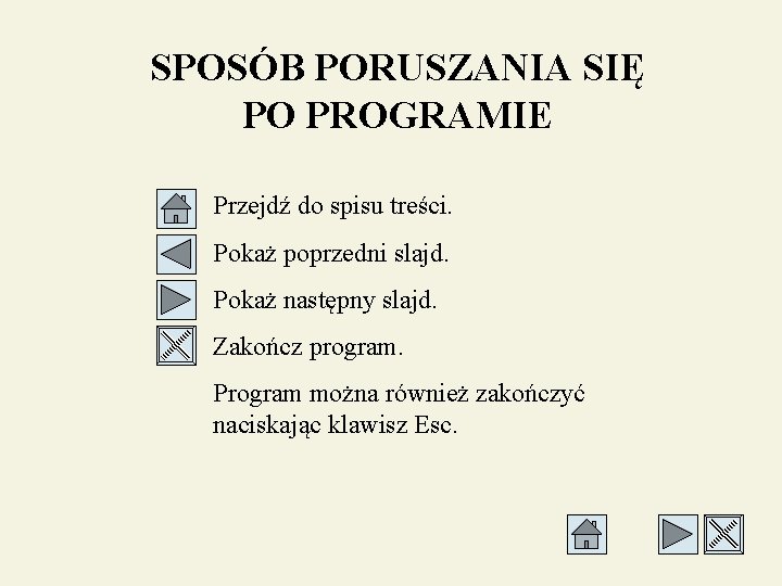 SPOSÓB PORUSZANIA SIĘ PO PROGRAMIE Przejdź do spisu treści. Pokaż poprzedni slajd. Pokaż następny