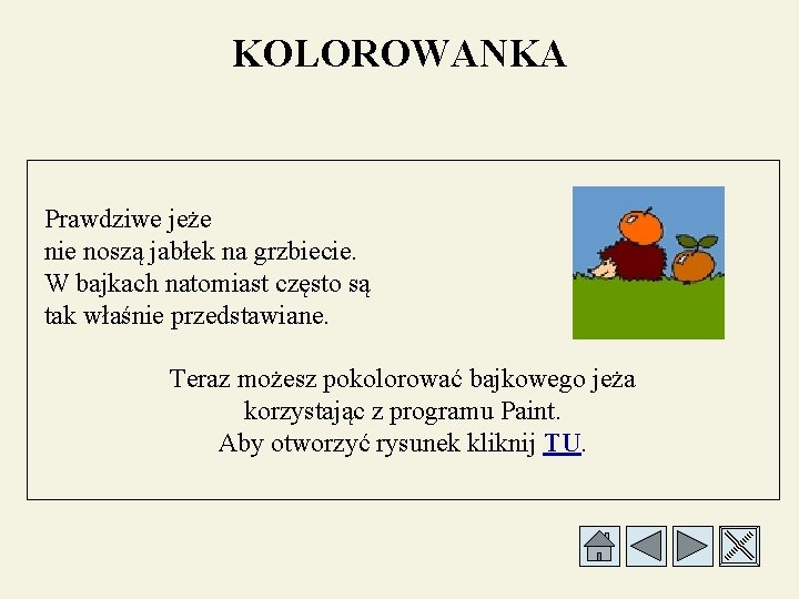 KOLOROWANKA Prawdziwe jeże nie noszą jabłek na grzbiecie. W bajkach natomiast często są tak