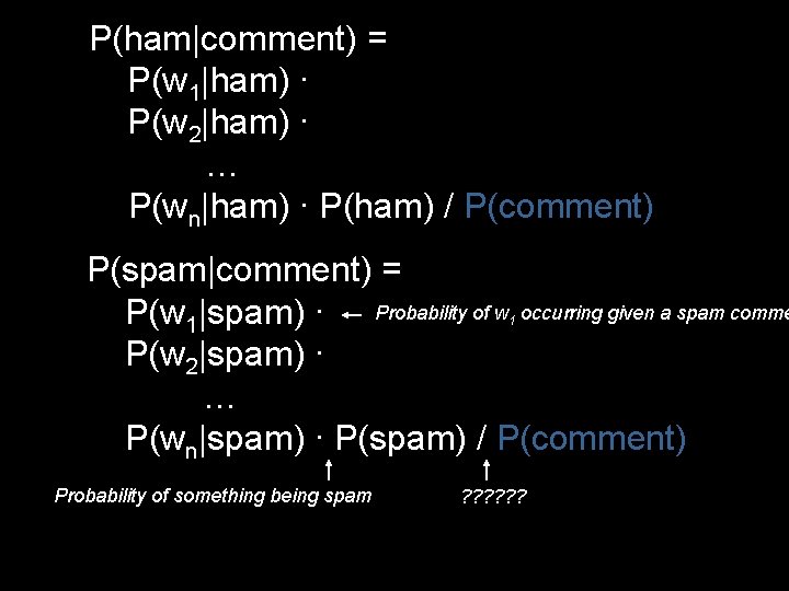 P(ham|comment) = P(w 1|ham) ∙ P(w 2|ham) ∙ … P(wn|ham) ∙ P(ham) / P(comment)