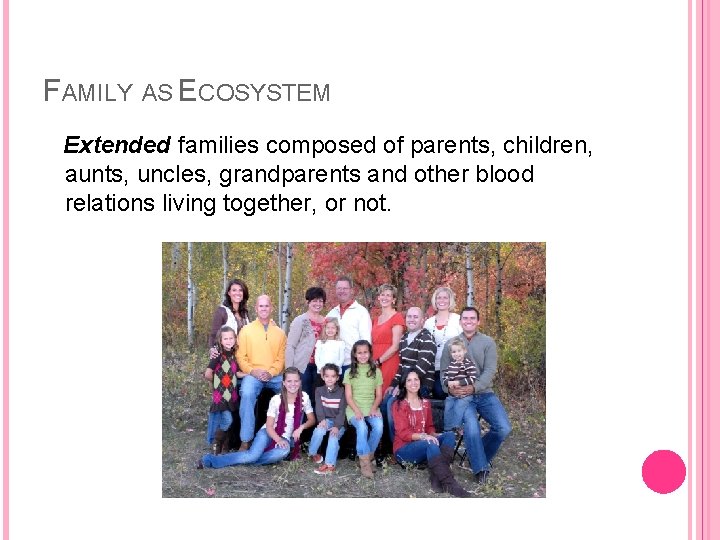 FAMILY AS ECOSYSTEM Extended families composed of parents, children, aunts, uncles, grandparents and other