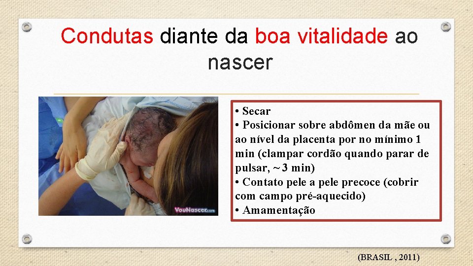 Condutas diante da boa vitalidade ao nascer • Secar • Posicionar sobre abdômen da