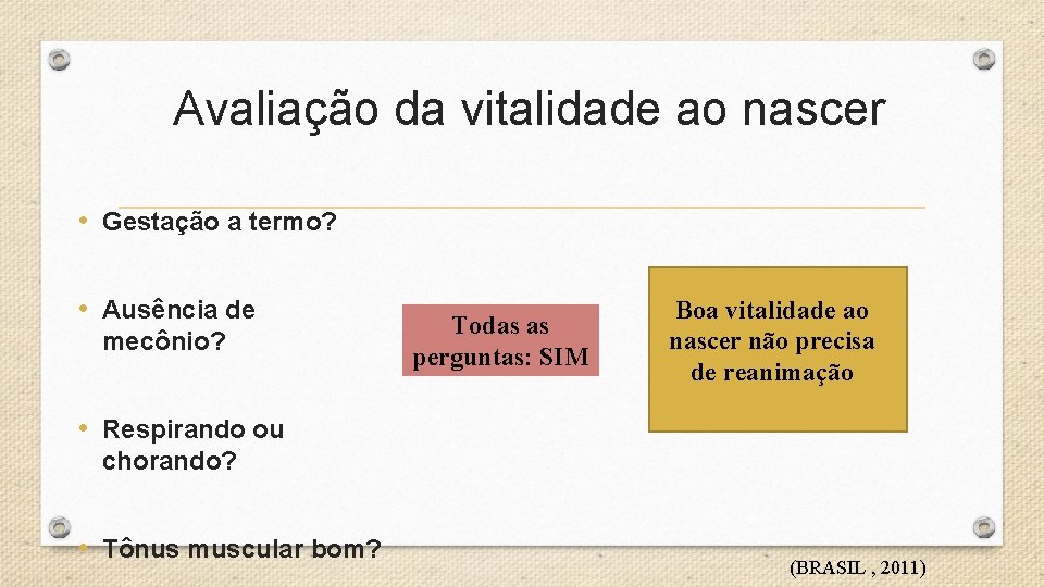 Avaliação da vitalidade ao nascer • Gestação a termo? • Ausência de mecônio? Todas