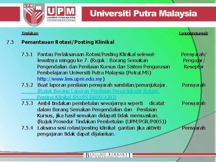 Tindakan 7. 5 Tanggungjawab Pemantauan Rotasi/Posting Klinikal 7. 5. 1 Pantau Perlaksanaan Rotasi/Posting Klinikal