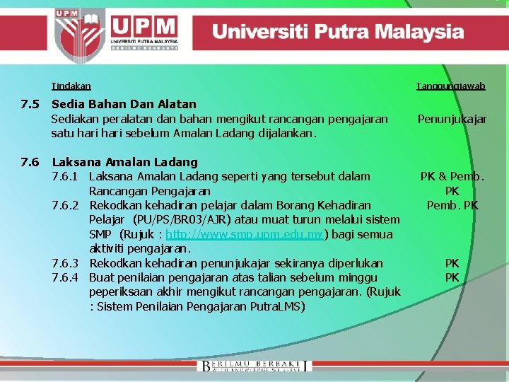 Tindakan Tanggungjawab 7. 5 Sedia Bahan Dan Alatan Sediakan peralatan dan bahan mengikut rancangan