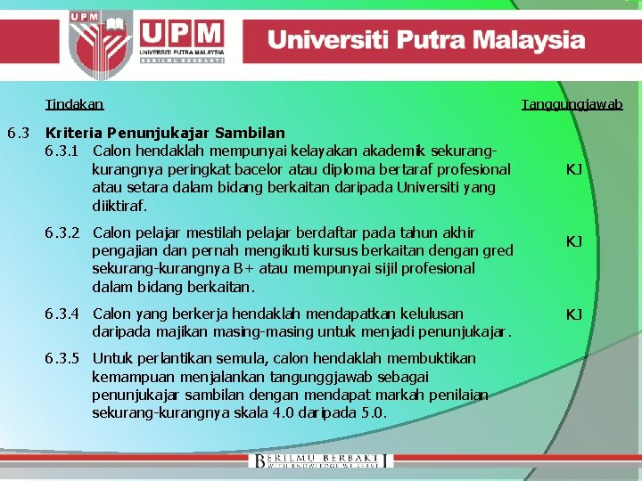 Tindakan 6. 3 Kriteria Penunjukajar Sambilan 6. 3. 1 Calon hendaklah mempunyai kelayakan akademik