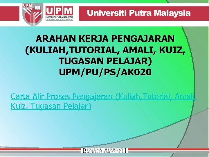 ARAHAN KERJA PENGAJARAN (KULIAH, TUTORIAL, AMALI, KUIZ, TUGASAN PELAJAR) UPM/PU/PS/AK 020 Carta Alir Proses