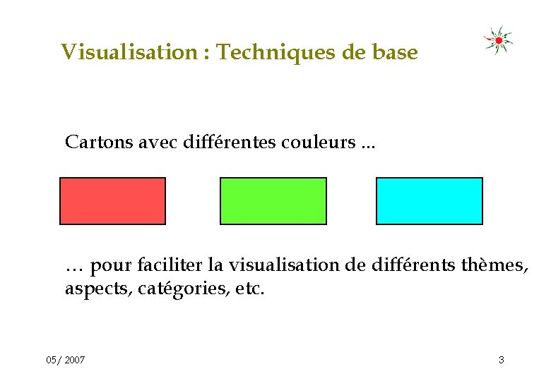 Visualisation : Techniques de base Cartons avec différentes couleurs. . . … pour faciliter