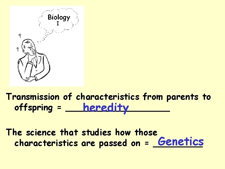 Transmission of characteristics from parents to offspring = __________ heredity The science that studies