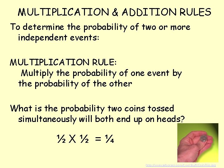 MULTIPLICATION & ADDITION RULES To determine the probability of two or more independent events: