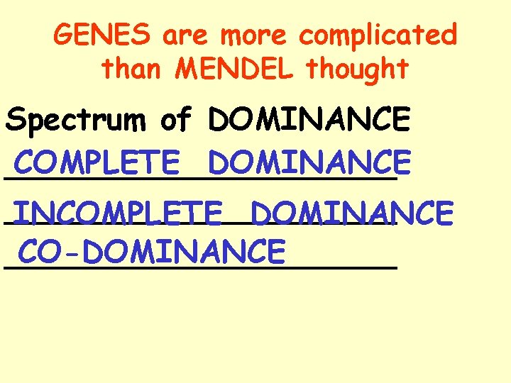 GENES are more complicated than MENDEL thought Spectrum of DOMINANCE COMPLETE DOMINANCE ____________________ INCOMPLETE