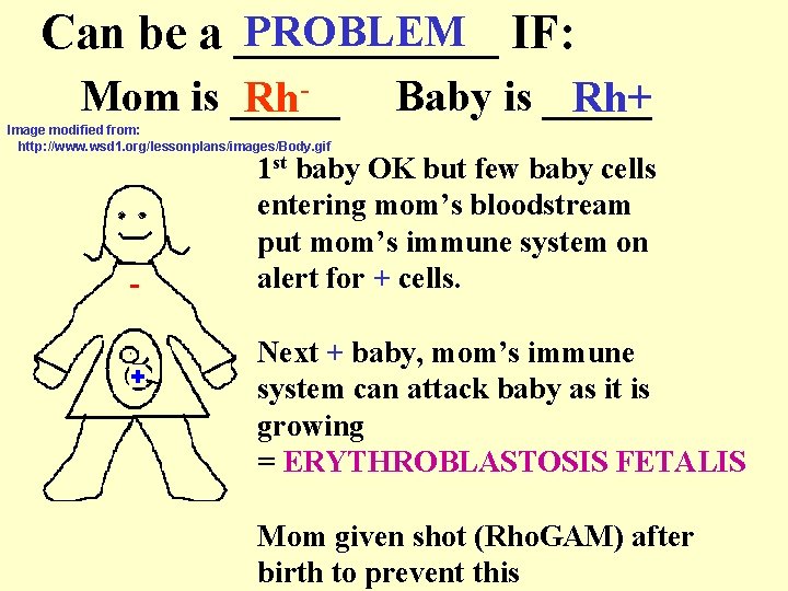 PROBLEM IF: Can be a ______ Mom is _____ Rh- Baby is _____ Rh+