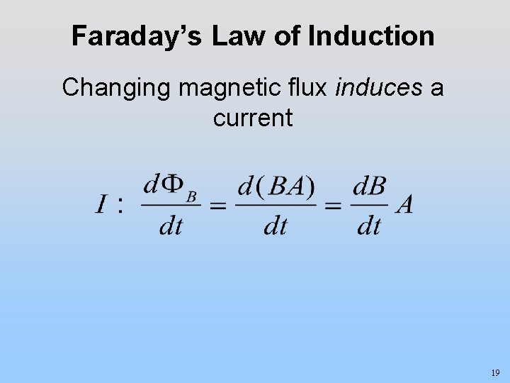 Faraday’s Law of Induction Changing magnetic flux induces a current 19 