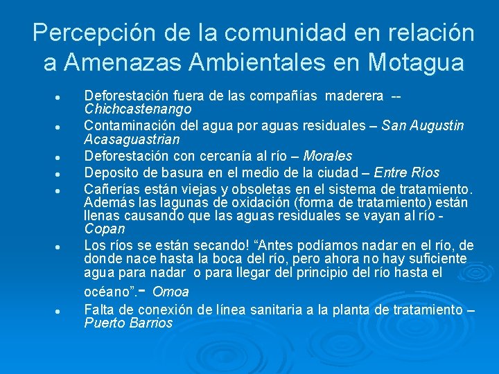Percepción de la comunidad en relación a Amenazas Ambientales en Motagua l l l