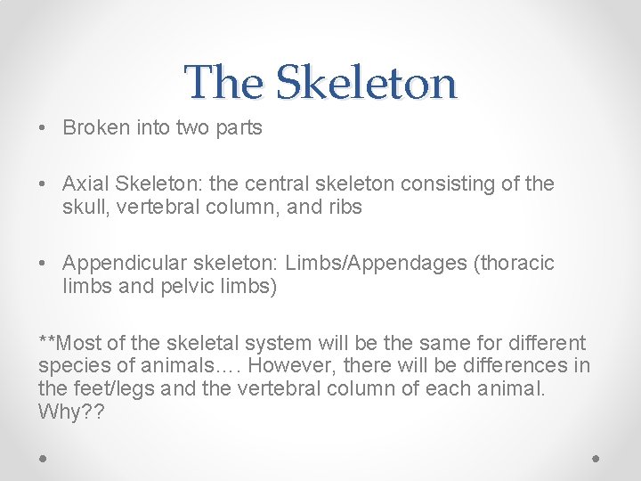 The Skeleton • Broken into two parts • Axial Skeleton: the central skeleton consisting