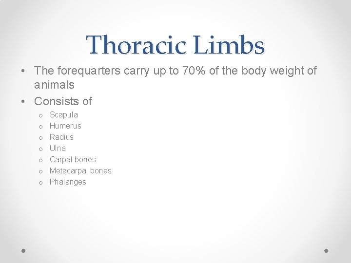 Thoracic Limbs • The forequarters carry up to 70% of the body weight of