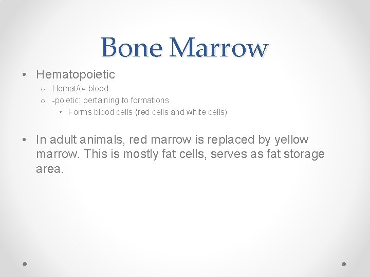 Bone Marrow • Hematopoietic o Hemat/o- blood o -poietic: pertaining to formations • Forms