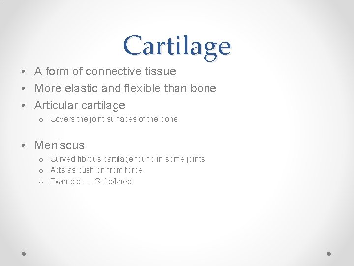 Cartilage • A form of connective tissue • More elastic and flexible than bone