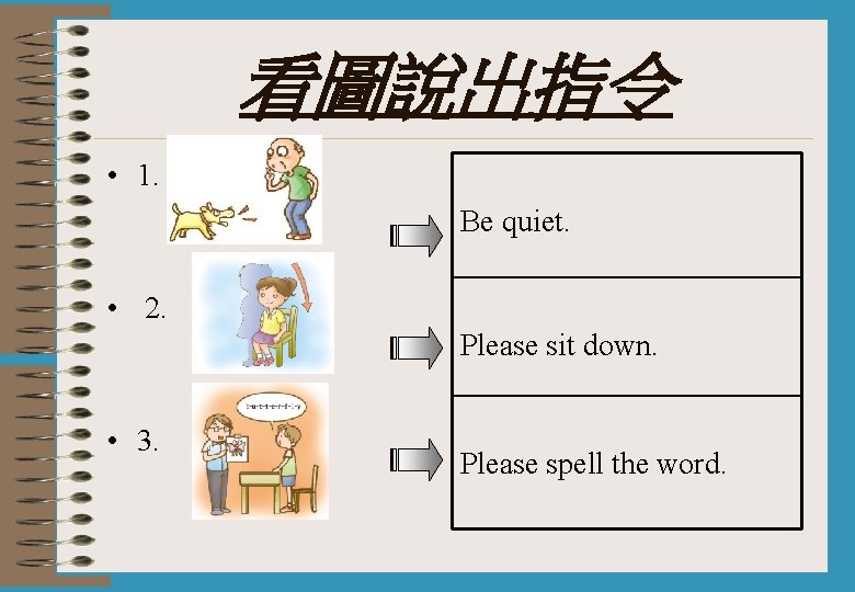 看圖說出指令 • 1. Be quiet. • 2. Please sit down. • 3. Please spell