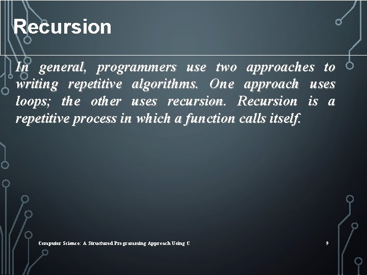 Recursion In general, programmers use two approaches to writing repetitive algorithms. One approach uses