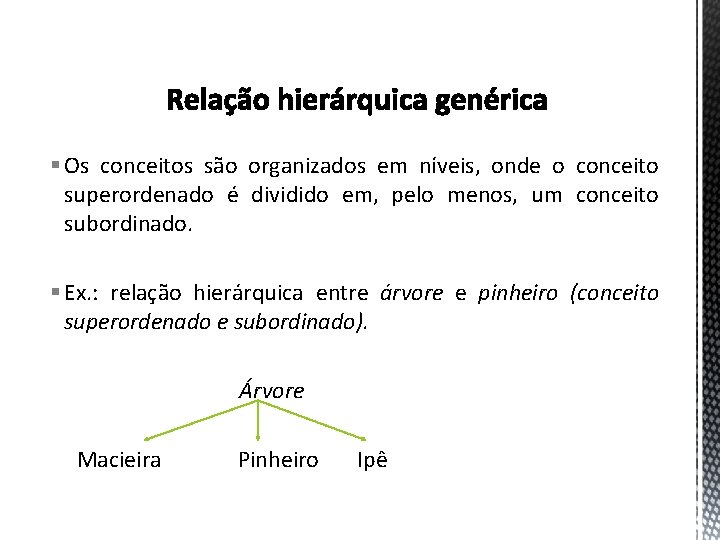 § Os conceitos são organizados em níveis, onde o conceito superordenado é dividido em,