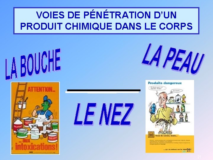 VOIES DE PÉNÉTRATION D’UN PRODUIT CHIMIQUE DANS LE CORPS 21 21 