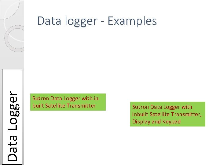 Data Logger Data logger - Examples Sutron Data Logger with in built Satellite Transmitter Data Logger Data logger - Examples Sutron Data Logger with in built Satellite Transmitter