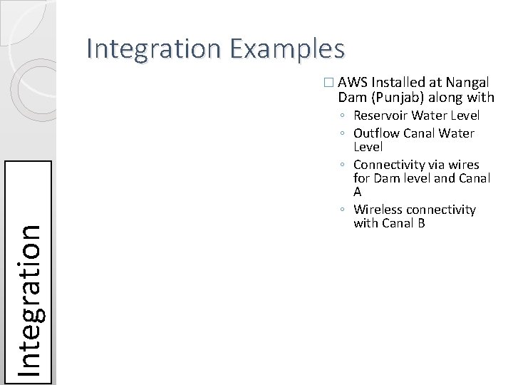 Integration Examples � AWS Installed at Nangal Integration Dam (Punjab) along with ◦ Reservoir Integration Examples � AWS Installed at Nangal Integration Dam (Punjab) along with ◦ Reservoir
