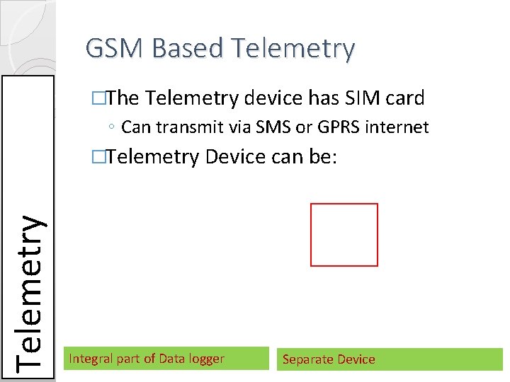 GSM Based Telemetry �The Telemetry device has SIM card ◦ Can transmit via SMS GSM Based Telemetry �The Telemetry device has SIM card ◦ Can transmit via SMS