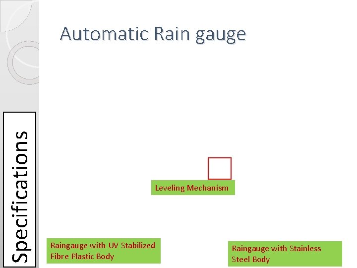 Specifications Automatic Rain gauge Leveling Mechanism Raingauge with UV Stabilized Fibre Plastic Body Raingauge Specifications Automatic Rain gauge Leveling Mechanism Raingauge with UV Stabilized Fibre Plastic Body Raingauge