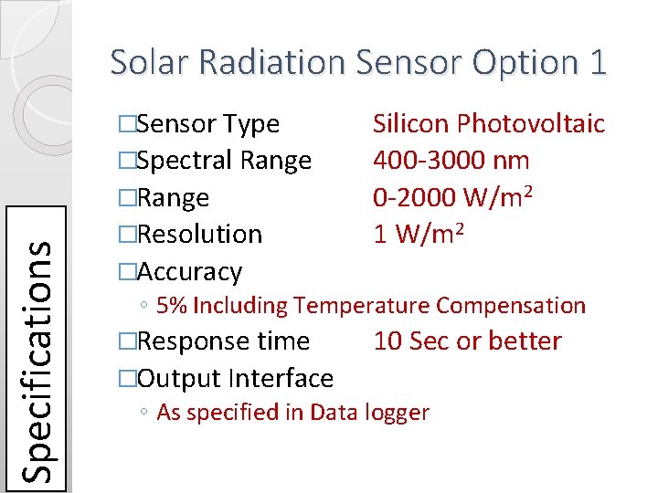 Solar Radiation Sensor Option 1 �Sensor Type �Spectral Range Specifications �Range �Resolution Silicon Photovoltaic Solar Radiation Sensor Option 1 �Sensor Type �Spectral Range Specifications �Range �Resolution Silicon Photovoltaic