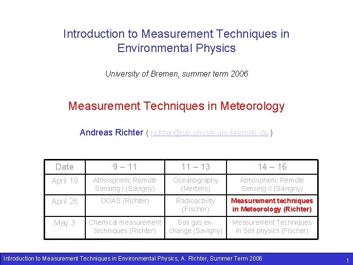 Introduction to Measurement Techniques in Environmental Physics University of Bremen, summer term 2006 Measurement