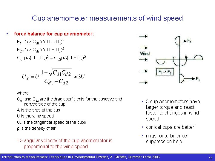 Cup anemometer measurements of wind speed • force balance for cup anemometer: F 1=1/2