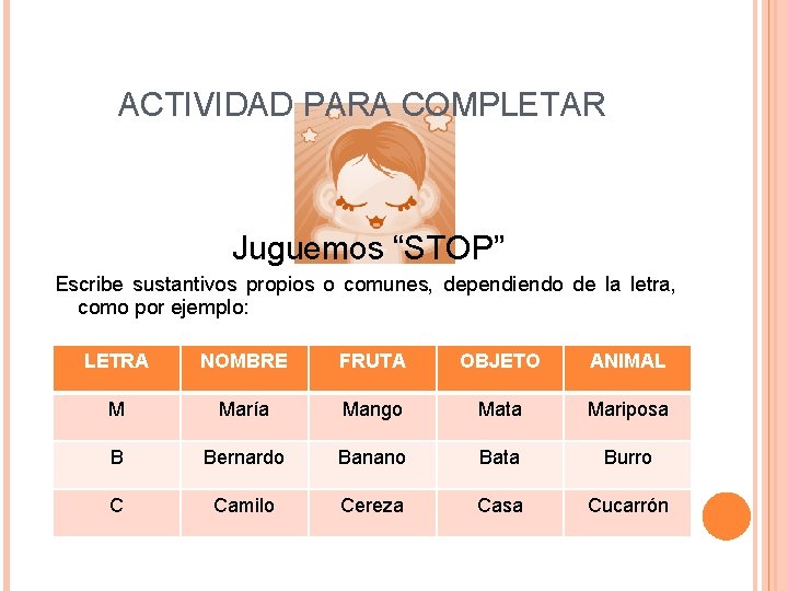 ACTIVIDAD PARA COMPLETAR Juguemos “STOP” Escribe sustantivos propios o comunes, dependiendo de la letra,