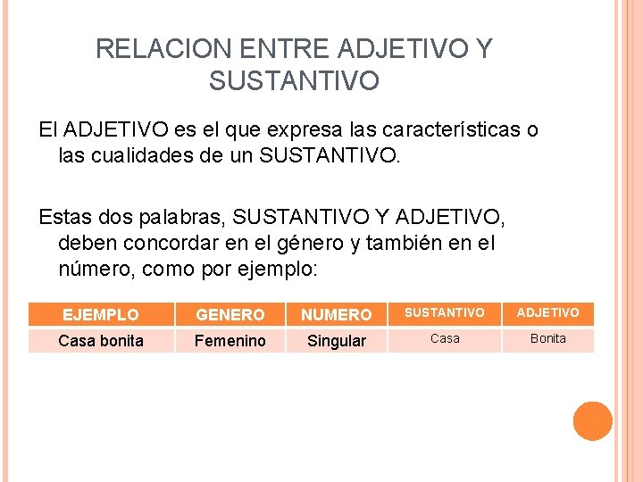 RELACION ENTRE ADJETIVO Y SUSTANTIVO El ADJETIVO es el que expresa las características o