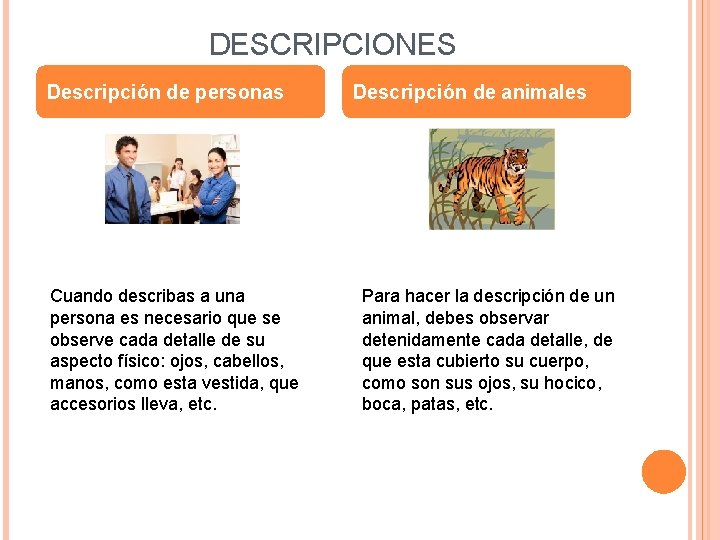 DESCRIPCIONES Descripción de personas Cuando describas a una persona es necesario que se observe