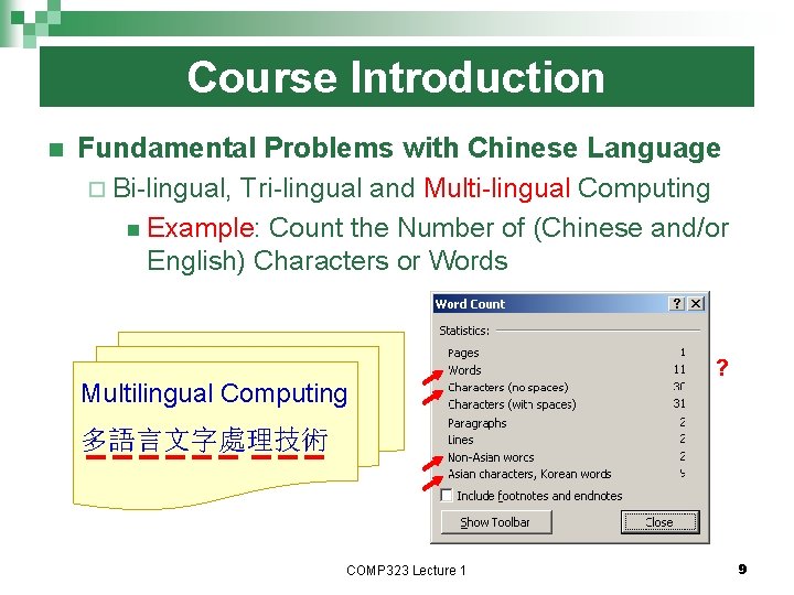 Course Introduction n Fundamental Problems with Chinese Language ¨ Bi-lingual, Tri-lingual and Multi-lingual Computing